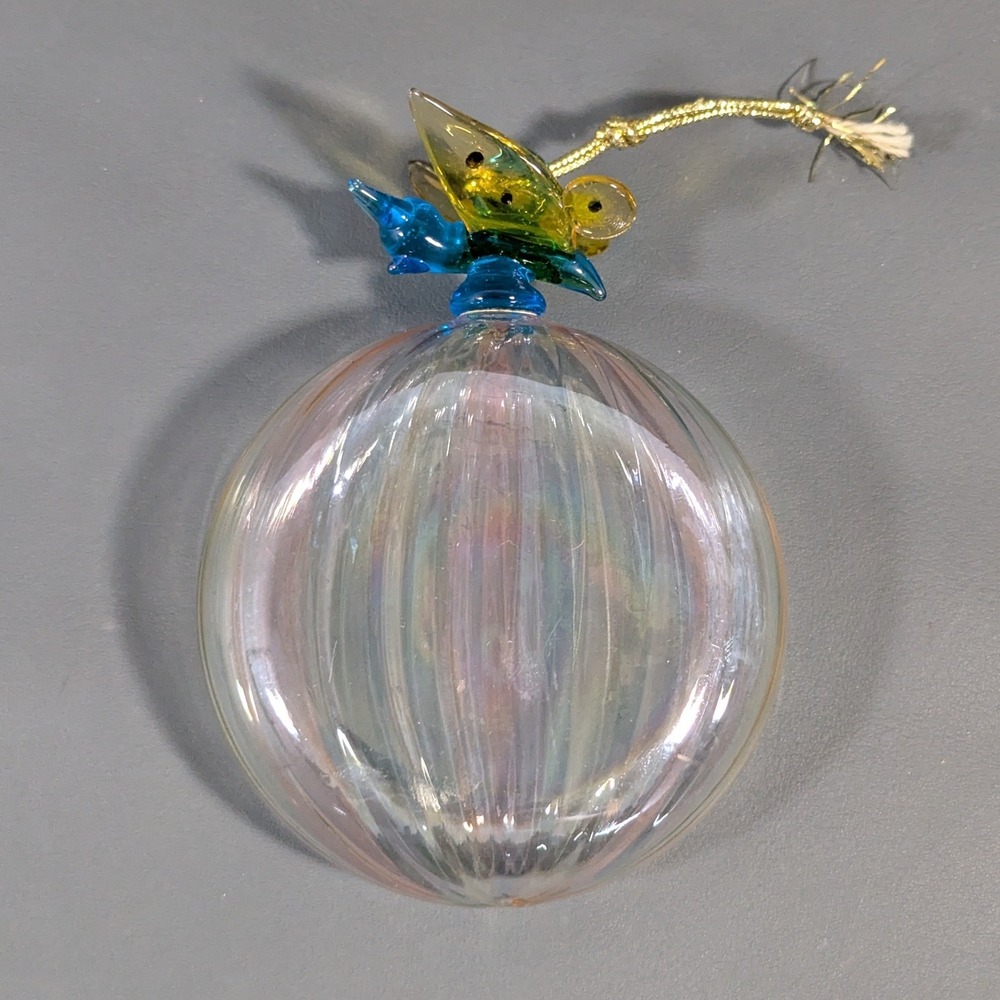 Hand Blown Iridescent Glass Ornament Bird Butterfly Blue Yellow Ribbed 4 Inch